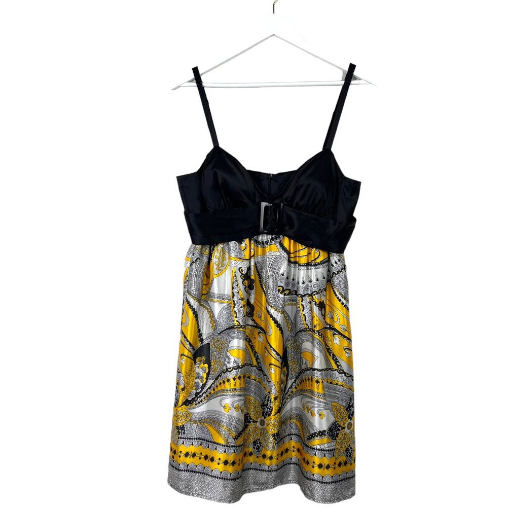 ARDEN B Womens M Silk Black Yellow Gray Print Dress Adjustable Strap Back Zip Up